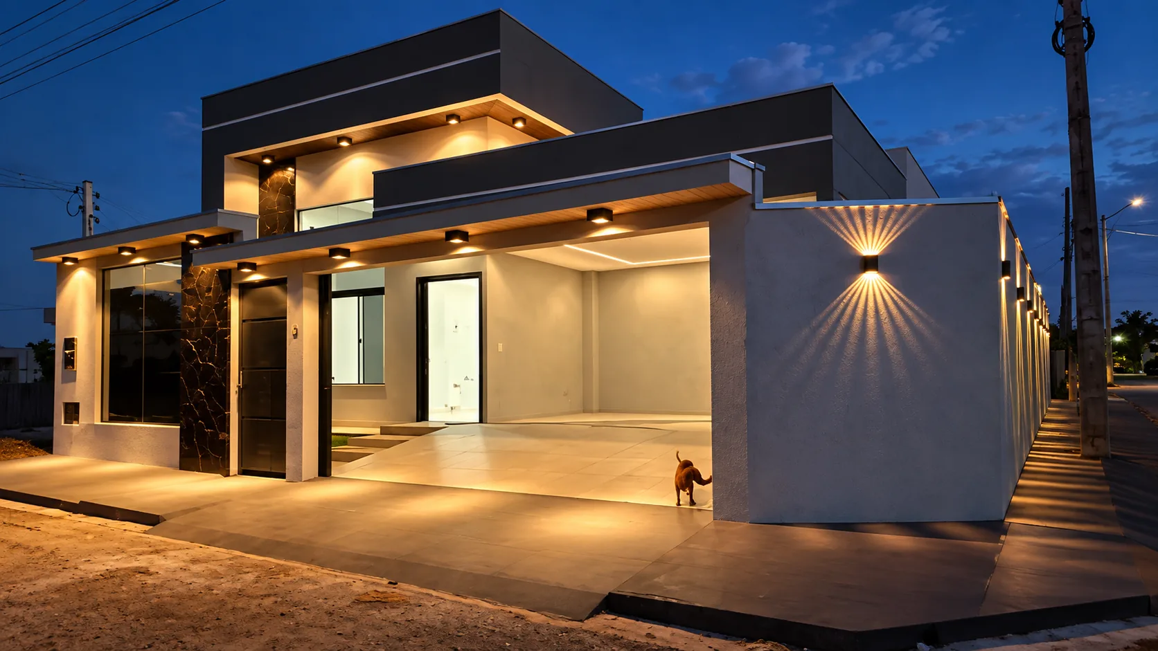 Fachada de casa moderna iluminada ao anoitecer